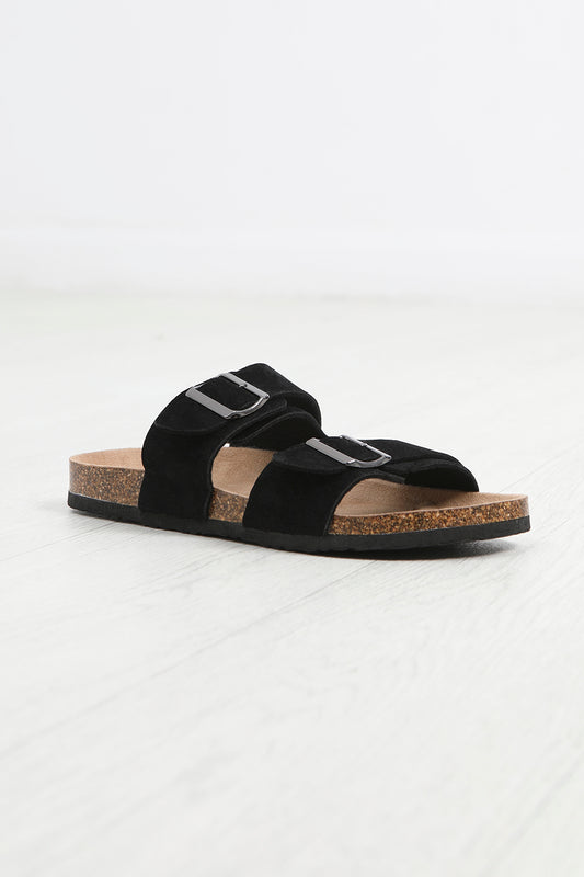 Brave Soul Black Faux Suede Buckle Strap Cork Sandals - Black Image 1