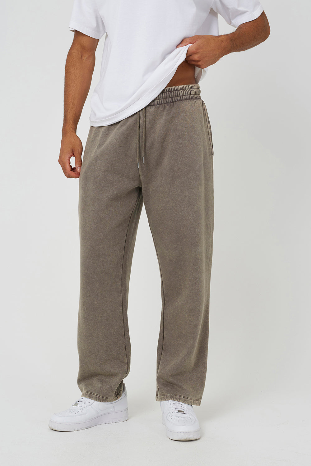 Brave Soul Taupe Acid Wash Wide Leg Joggers - Taupe Image 1