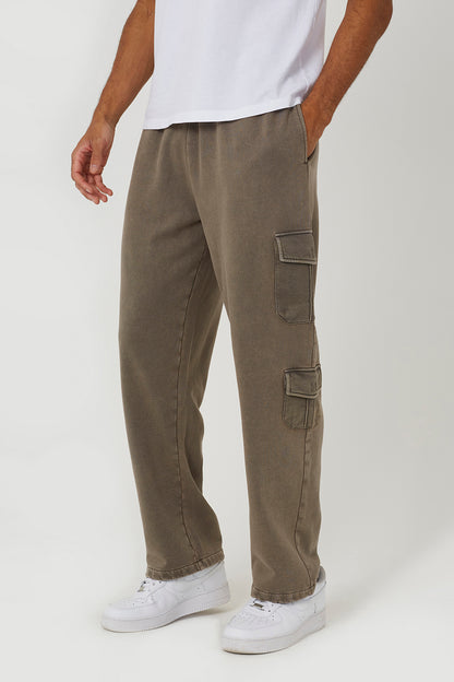 Brave Soul Taupe Acid Wash Wide Leg Cargo Joggers - Taupe Image 1