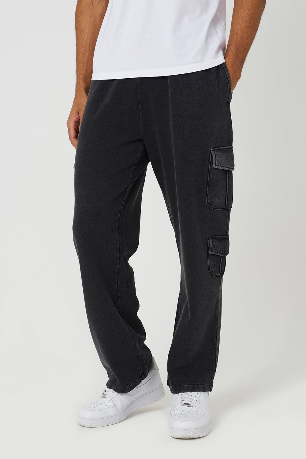 Brave Soul Charcoal Acid Wash Wide Leg Cargo Joggers - Charcoal Image 1