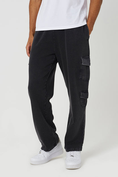 Brave Soul Charcoal Acid Wash Wide Leg Cargo Joggers - Charcoal Image 1