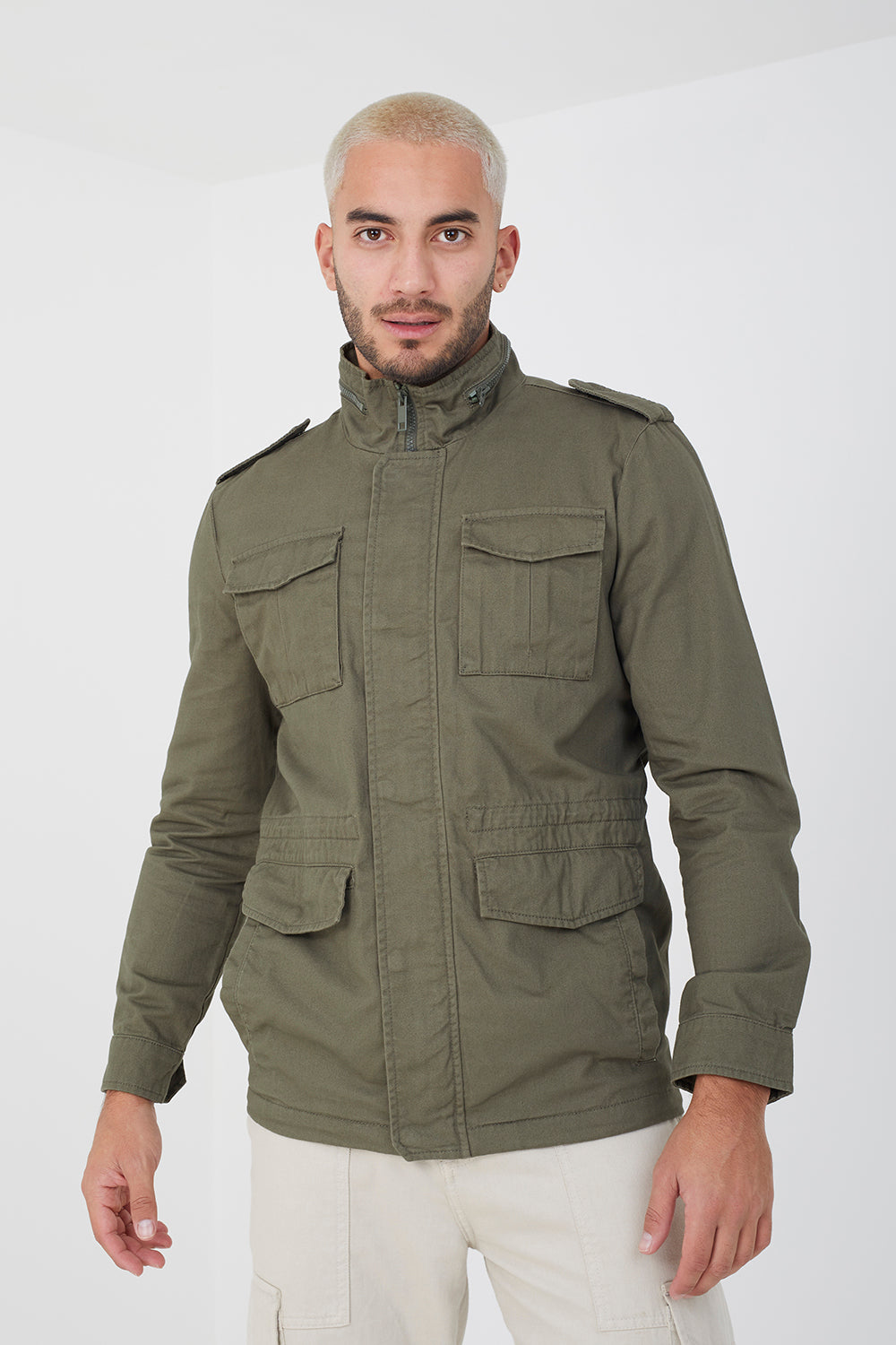 Brave Soul Khaki Cotton Twill Funnel Neck Jacket - Khaki Image 1