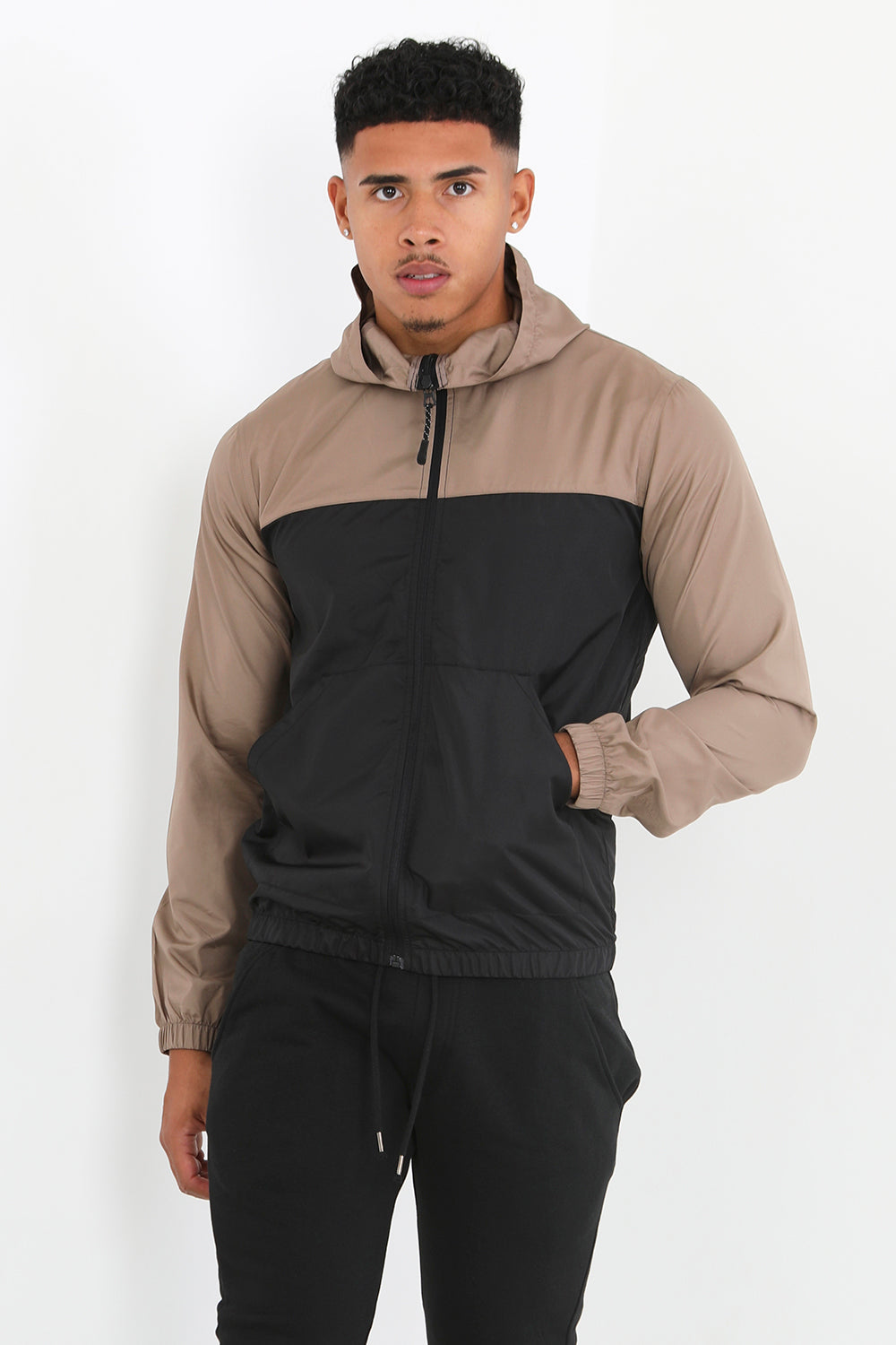 Brave Soul Stone Lightweight Colourblock Windrunner Jacket - Stone Image 1