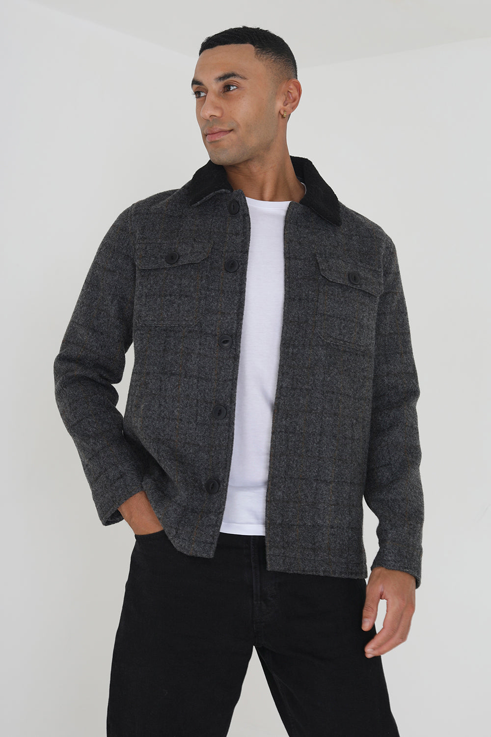 Brave Soul Charcoal Checked Jacket with Sherpa Collar - Charcoal Image 1