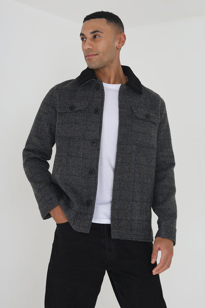 Brave Soul Charcoal Checked Jacket with Sherpa Collar - Charcoal Image 1
