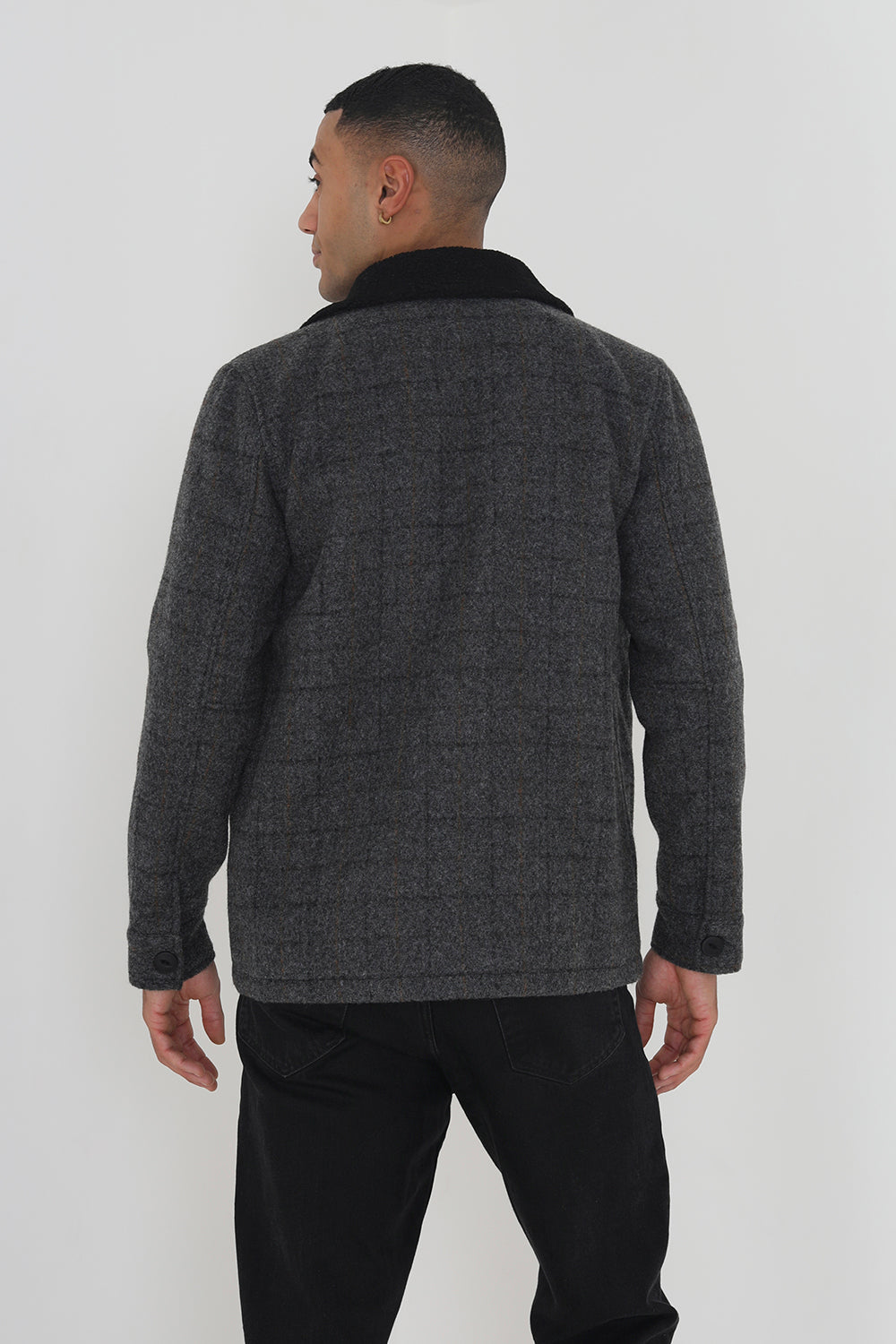 Brave Soul Charcoal Checked Jacket with Sherpa Collar - Charcoal Image 2