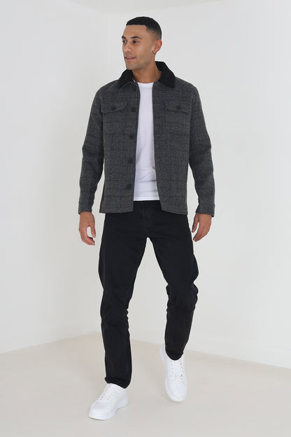 Brave Soul Charcoal Checked Jacket with Sherpa Collar - Charcoal Image 3