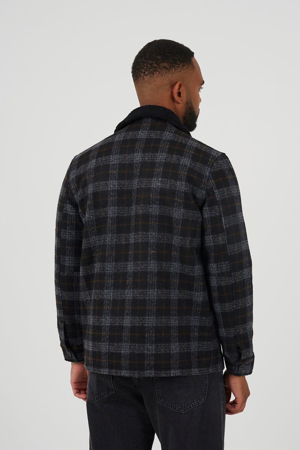 Brave Soul Black Checked Jacket with Sherpa Collar - Black Image 2