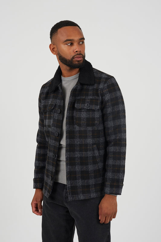 Brave Soul Black Checked Jacket with Sherpa Collar - Black Image 1