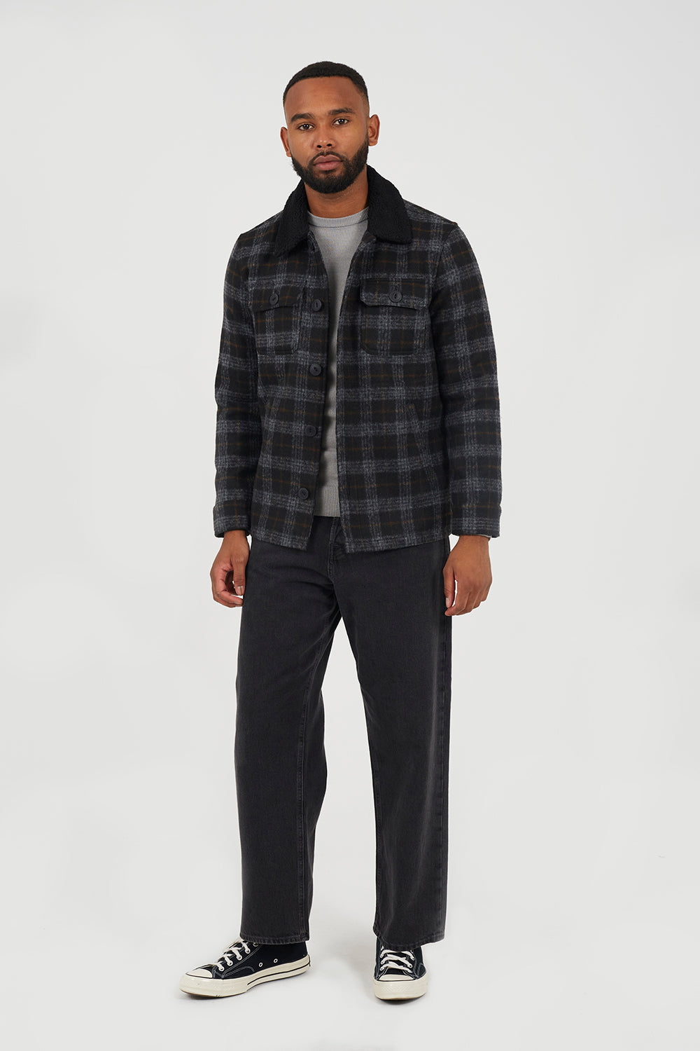 Brave Soul Black Checked Jacket with Sherpa Collar - Black Image 3