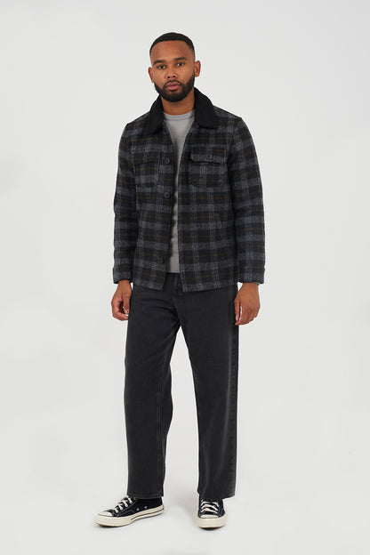 Brave Soul Black Checked Jacket with Sherpa Collar - Black Image 3