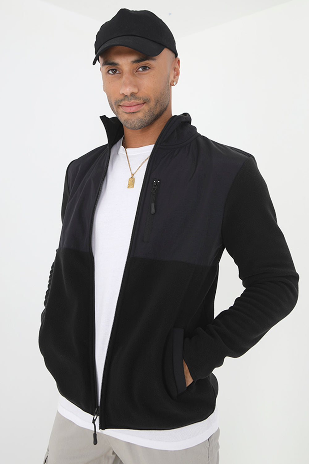 Brave Soul Black Funnel Neck Fleece Mix Jacket - Black Image 1