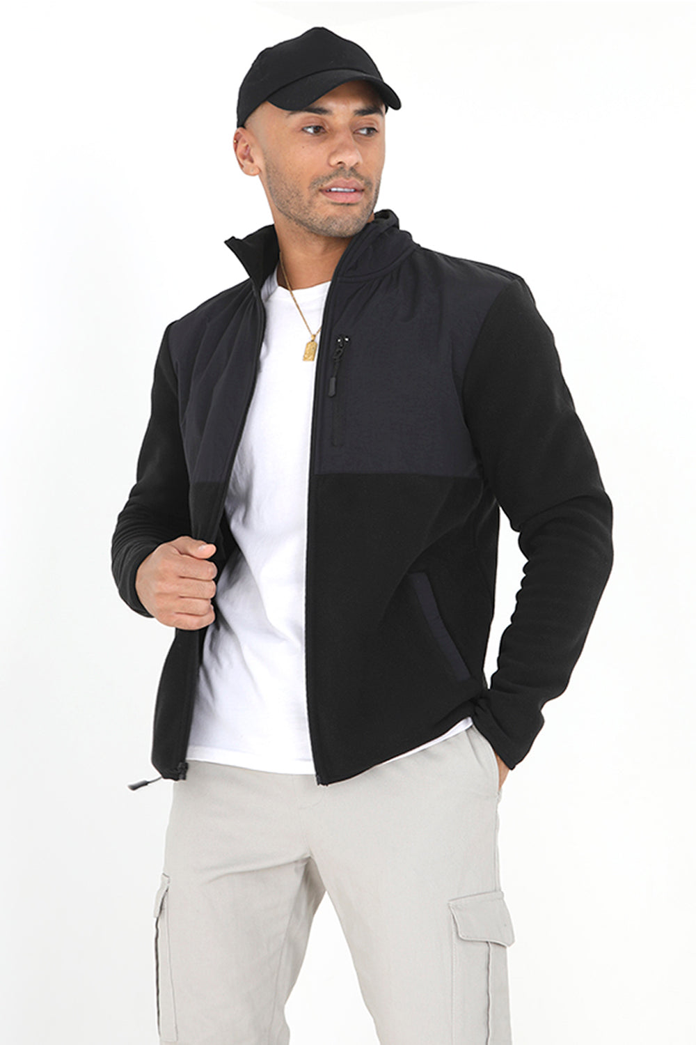 Brave Soul Black Funnel Neck Fleece Mix Jacket - Black Image 2