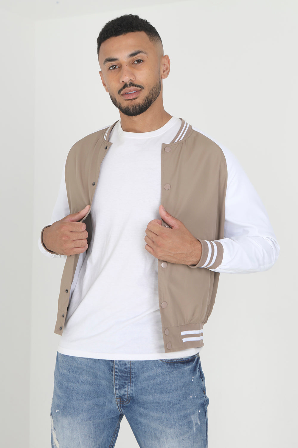 Brave Soul Stone Lightweight Varsity Bomber Jacket - Stone Image 1