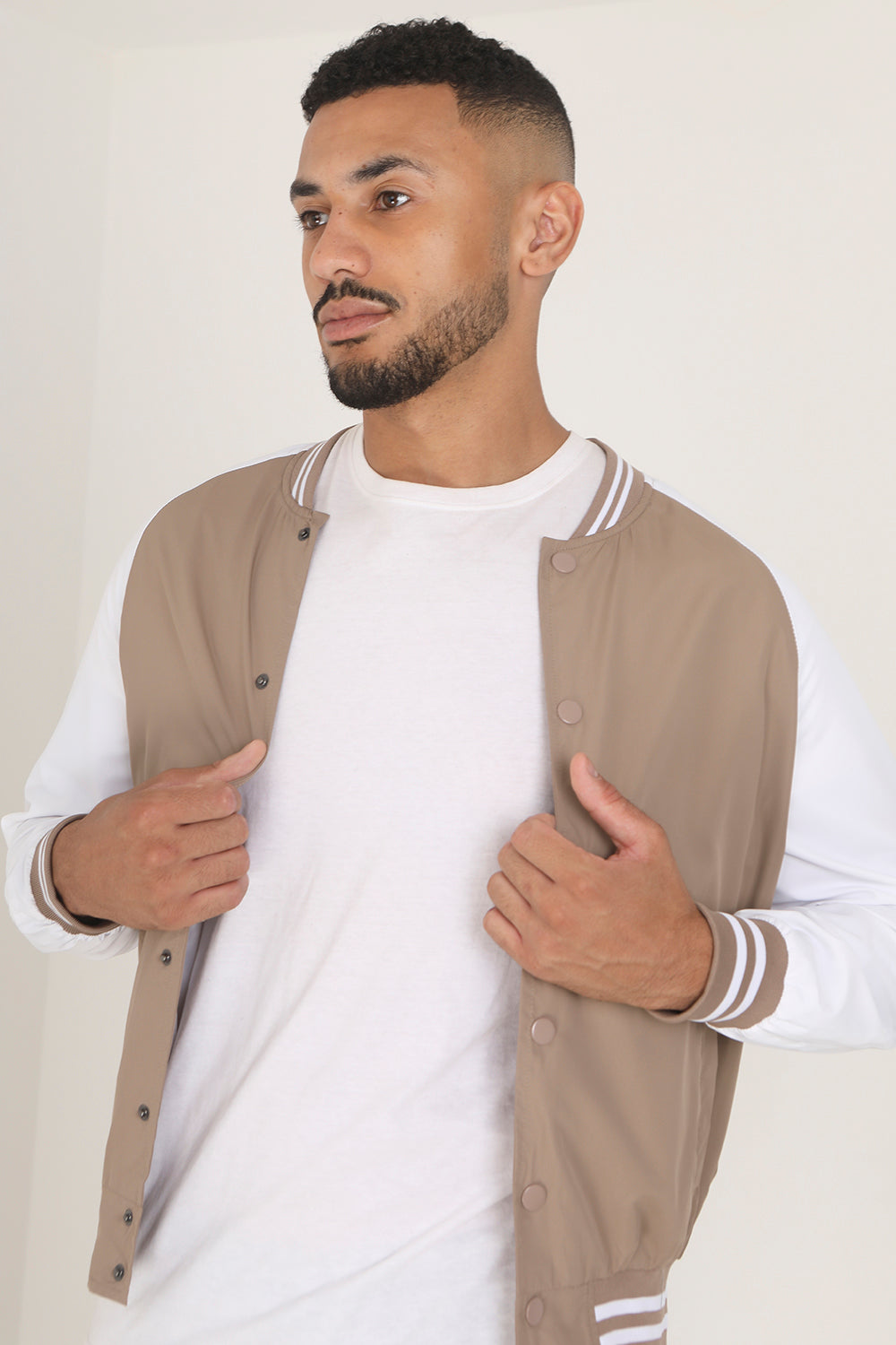 Brave Soul Stone Lightweight Varsity Bomber Jacket - Stone Image 3