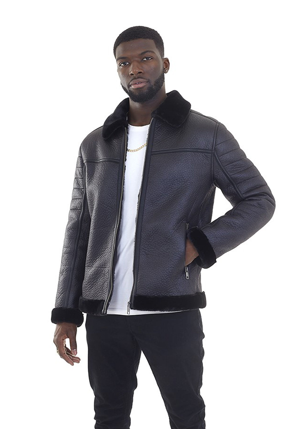 Brave Soul Black Faux Leather Aviator Jacket - Black Image 4
