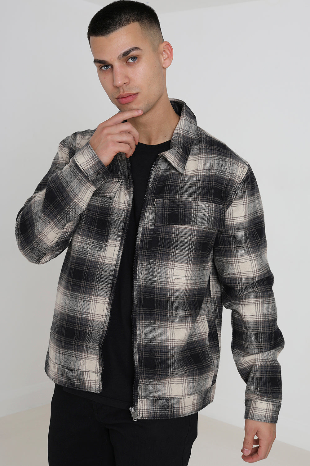 Brave Soul Black Zip Through Cotton Check Lightweight Jacket - Black Image 1