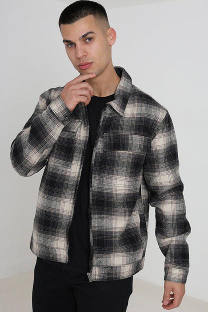 Brave Soul Black Zip Through Cotton Check Lightweight Jacket - Black Image 1