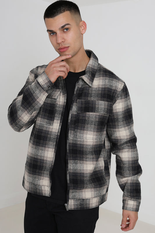 Brave Soul Black Zip Through Cotton Check Lightweight Jacket - Black Image 1