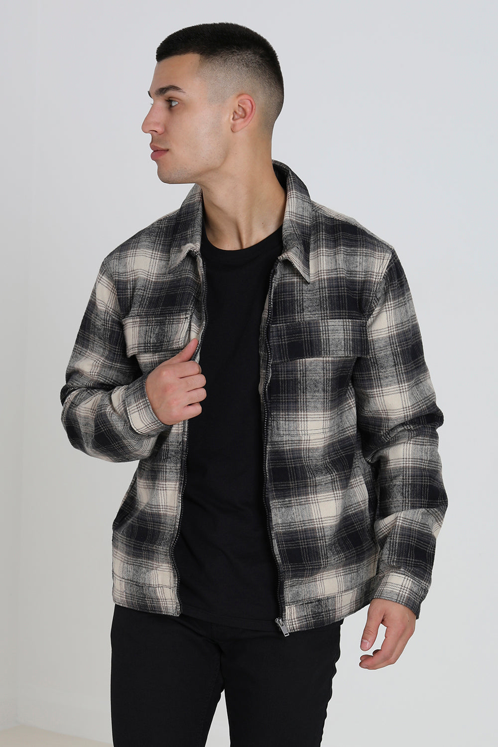 Brave Soul Black Zip Through Cotton Check Lightweight Jacket - Black Image 3