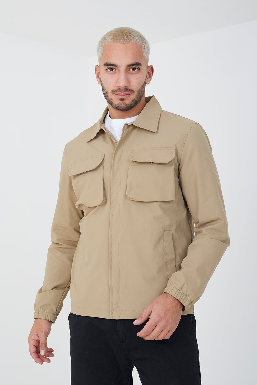 Brave Soul Stone Lightweight Stud Fastening Jacket With Collar - Stone Image 1