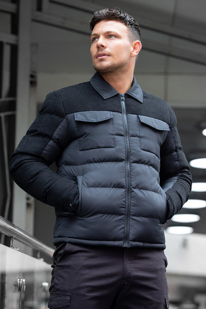 Brave Soul Black Padded Jacket With Faux Suede Sleeves - Black Image 1