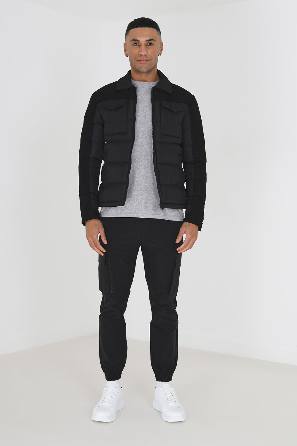 Brave Soul Black Padded Jacket With Faux Suede Sleeves - Black Image 3