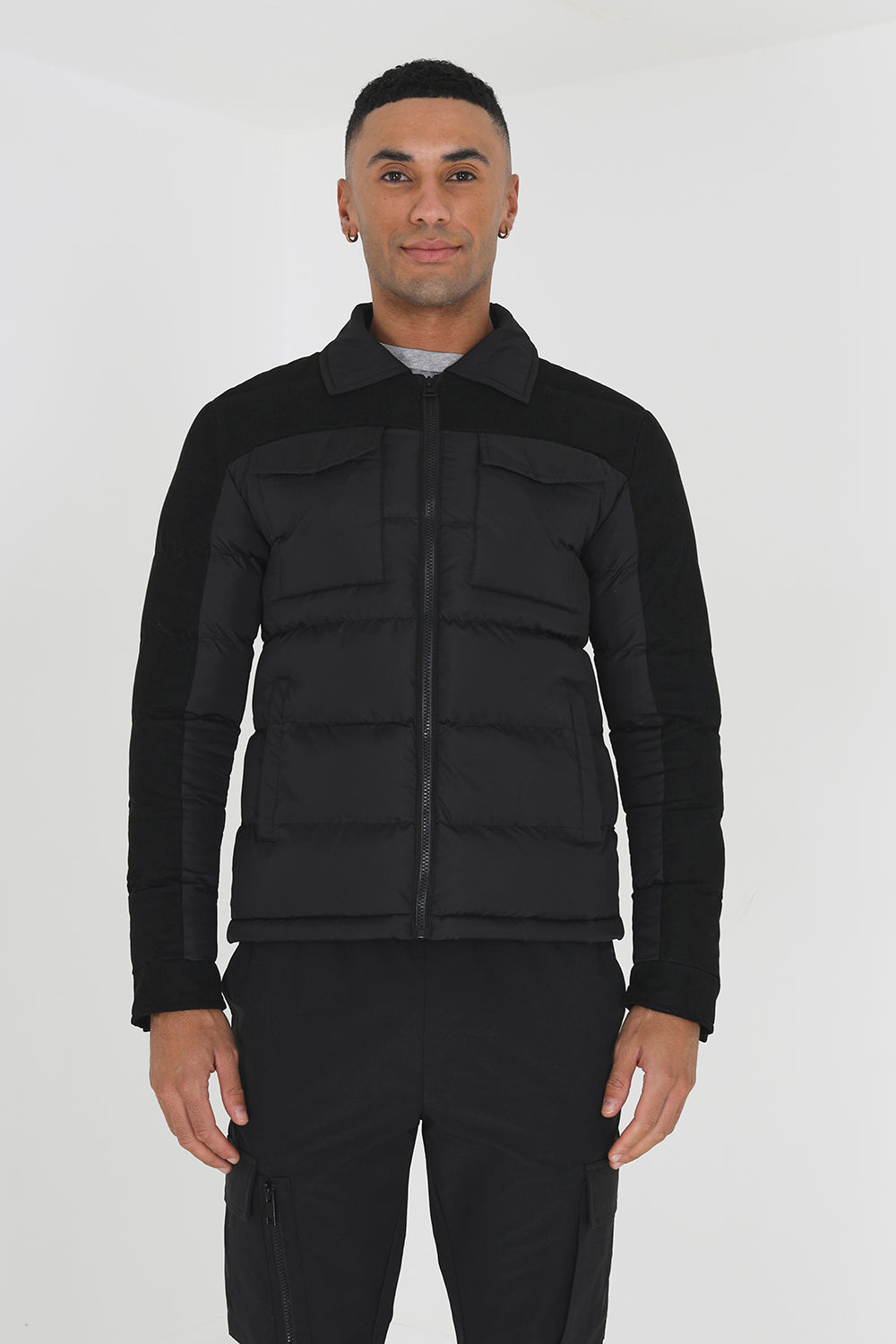 Brave Soul Black Padded Jacket With Faux Suede Sleeves - Black Image 4