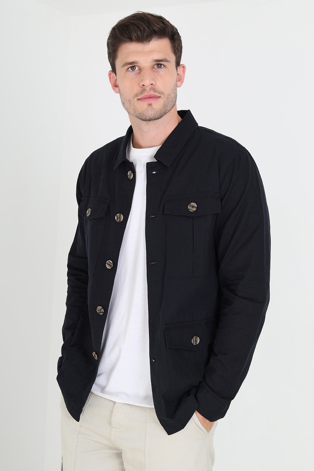 Brave Soul Navy Linen Blend Lightweight Shacket - Navy Image 1