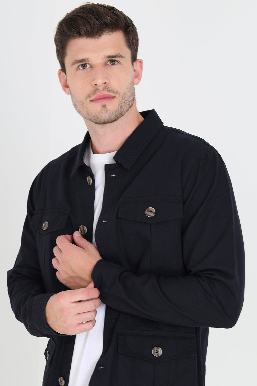 Brave Soul Navy Linen Blend Lightweight Shacket - Navy Image 3