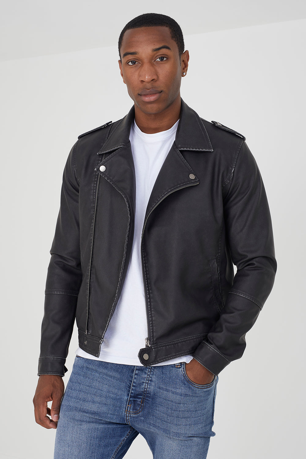 Brave Soul Black Faux Lather Biker Jacket - Black Image 1