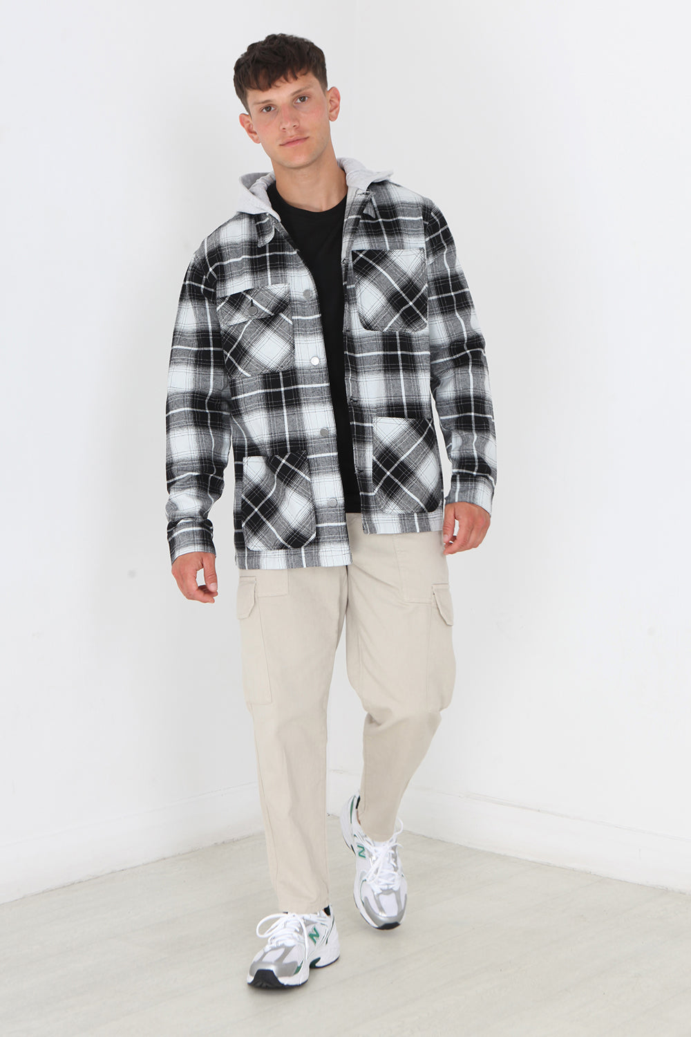 Brave Soul Black Checked Shacket With Jersey Hood - Black Image 1