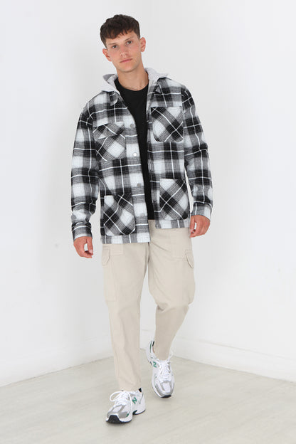Brave Soul Black Checked Shacket With Jersey Hood - Black Image 1