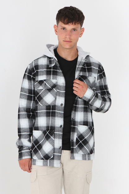 Brave Soul Black Checked Shacket With Jersey Hood - Black Image 2