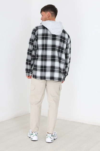 Brave Soul Black Checked Shacket With Jersey Hood - Black Image 3