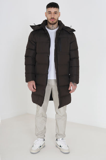 Brave Soul Brown Longline Hooded Padded Puffer Jacket - Brown Image 3