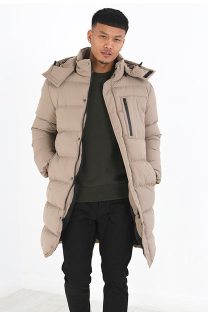 Brave Soul Stone Longline Hooded Padded Puffer Jacket - Stone Image 1