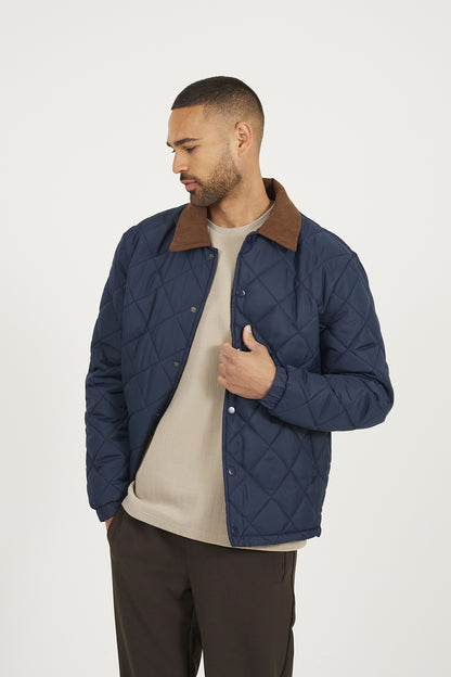 Brave Soul Navy Quilted Coach Jacket with Cord Collar - Navy Image 1