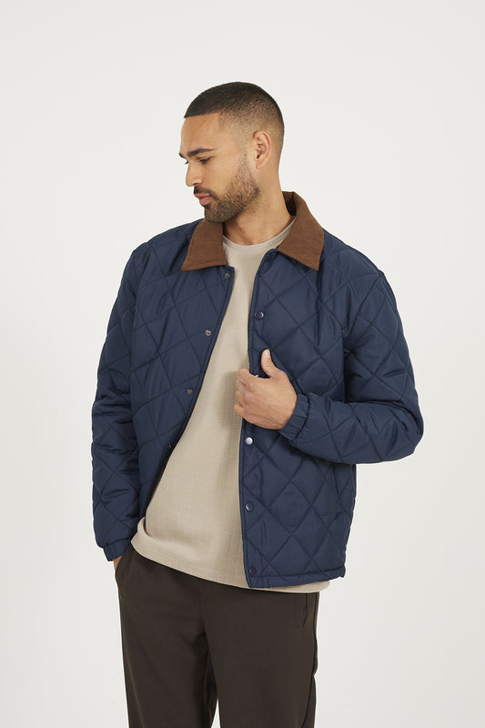 Brave Soul Navy Quilted Coach Jacket with Cord Collar - Navy Image 1