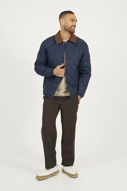 Brave Soul Navy Quilted Coach Jacket with Cord Collar - Navy Image 3