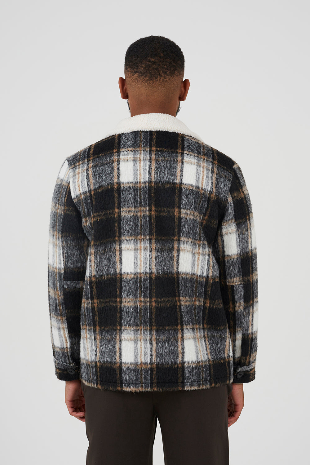 Brave Soul Black Brushed Check Jacket with Sherpa Collar - Black Image 2
