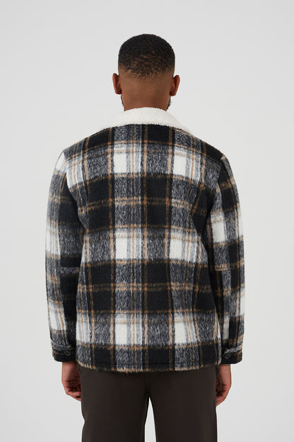 Brave Soul Black Brushed Check Jacket with Sherpa Collar - Black Image 2