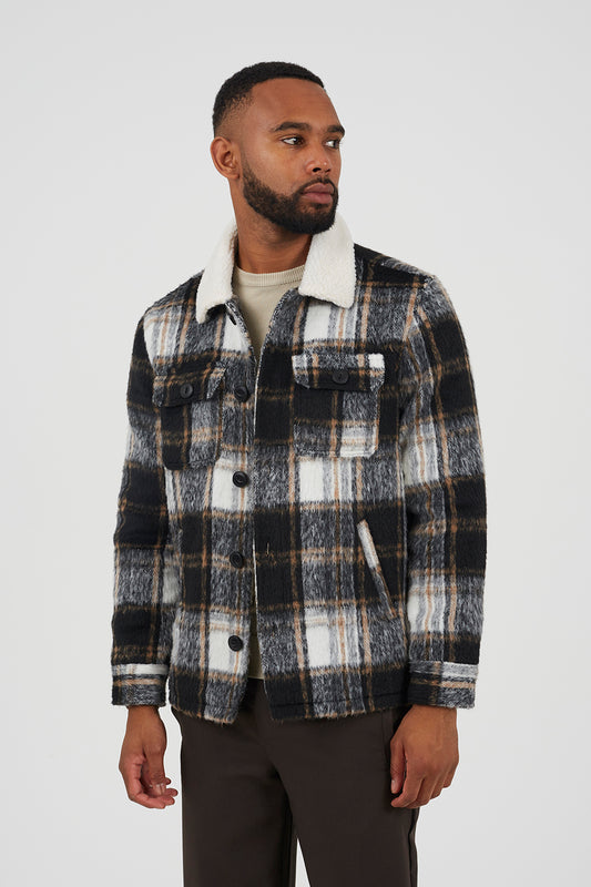 Brave Soul Black Brushed Check Jacket with Sherpa Collar - Black Image 1