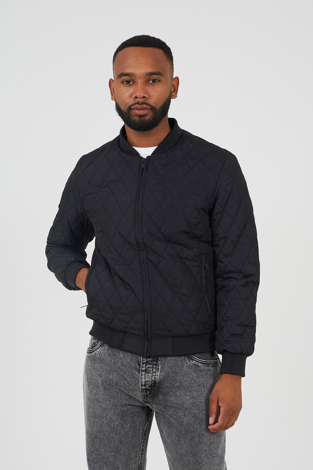 Brave Soul Black Diamond Quilted Bomber Jacket - Black Image 1