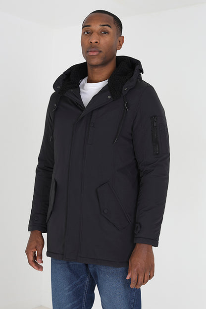 Brave Soul Black Sherpa Lined Hooded Parka Jacket - Black Image 1