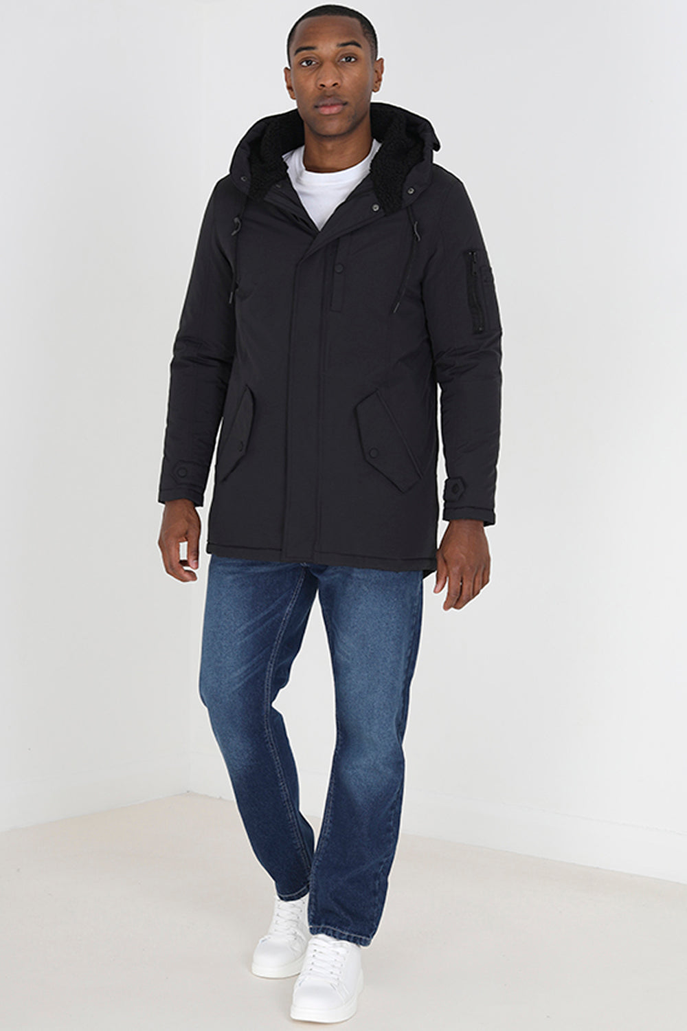 Brave Soul Black Sherpa Lined Hooded Parka Jacket - Black Image 3