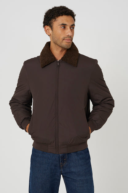 Brave Soul Brown Harrington Jacket with Borg Collar - Brown Image 1