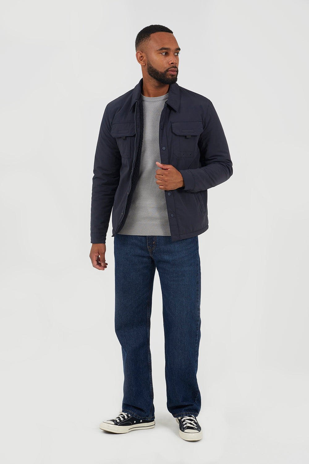 Brave Soul Navy Borg Lined Zip-Up Shacket - Navy Image 3