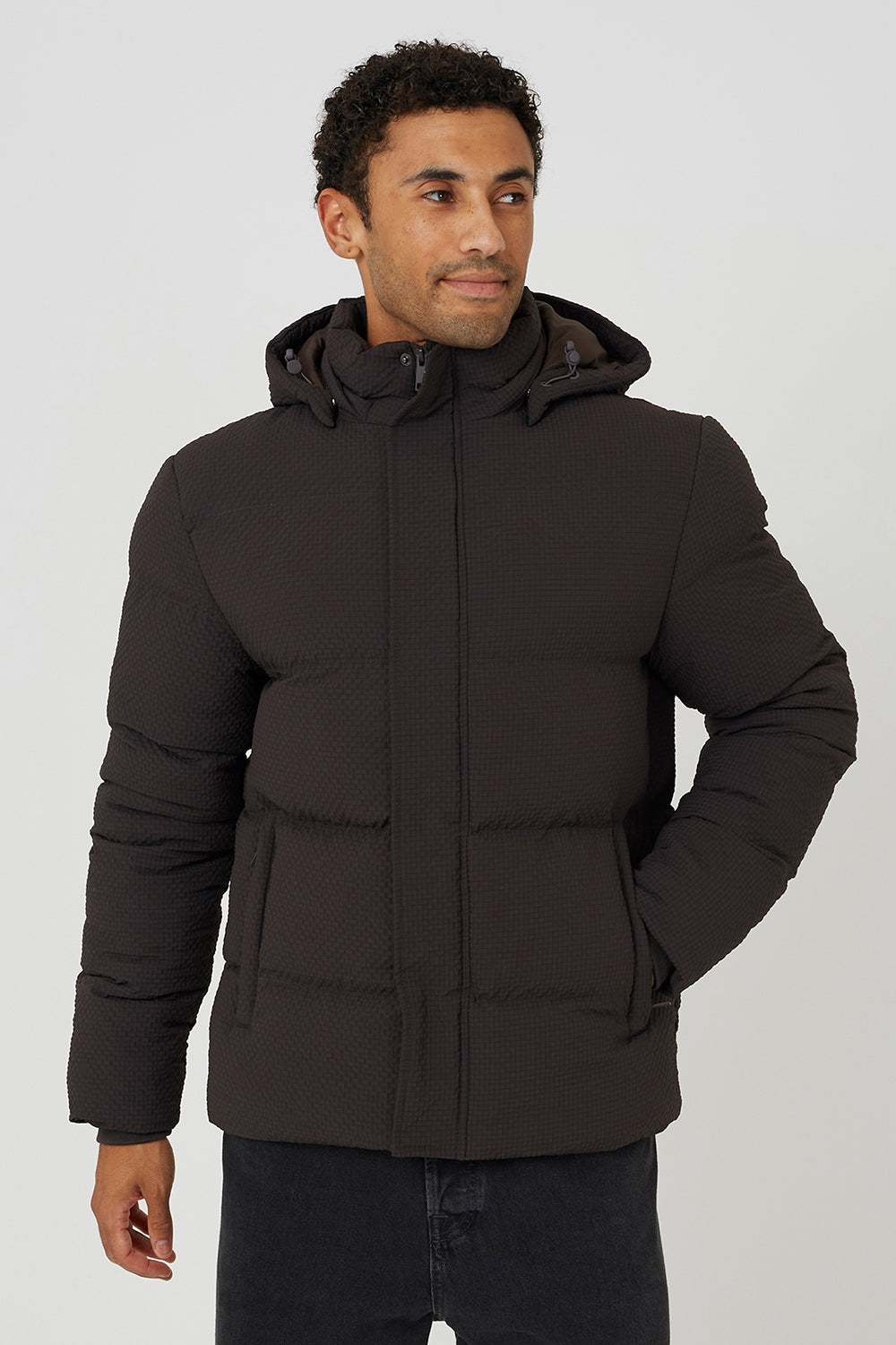 Brave Soul Brown Textured Padded Jacket With Detachable Hood - Brown Image 1