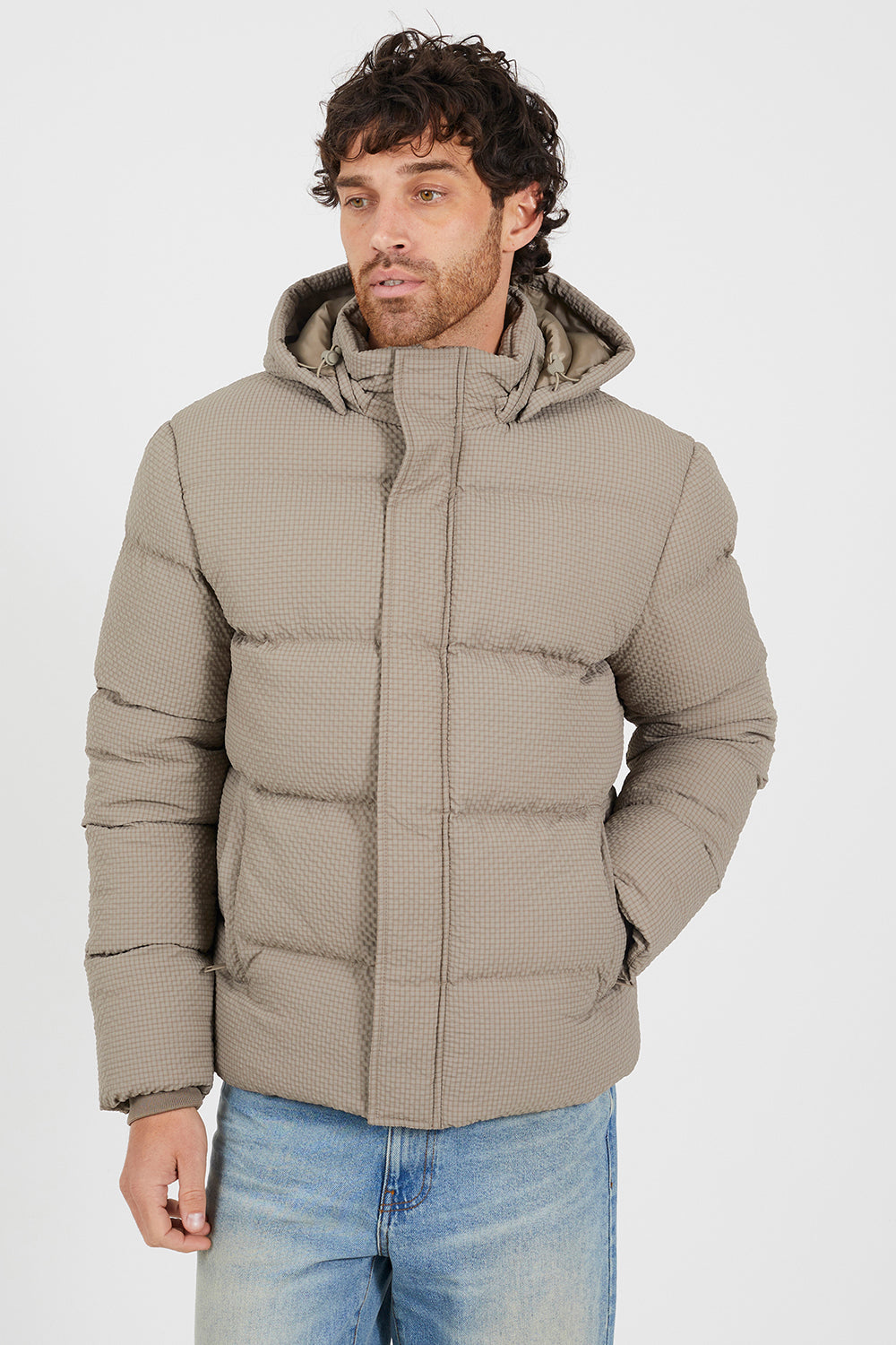 Brave Soul Taupe Textured Padded Jacket With Detachable Hood - Taupe Image 1